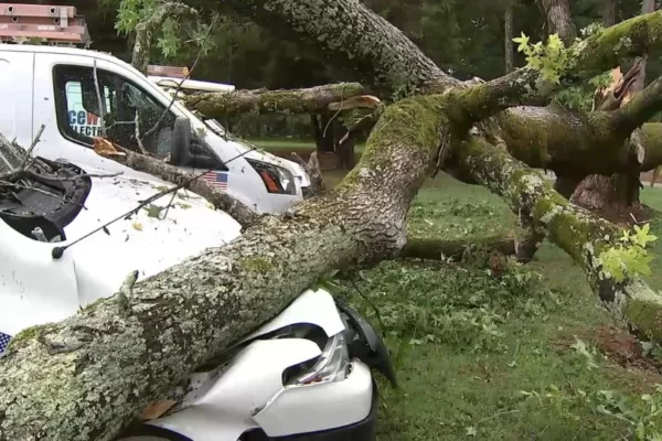 Security Camera Captures the Moment Large Tree Collapses on Work Vans in Cherokee County
